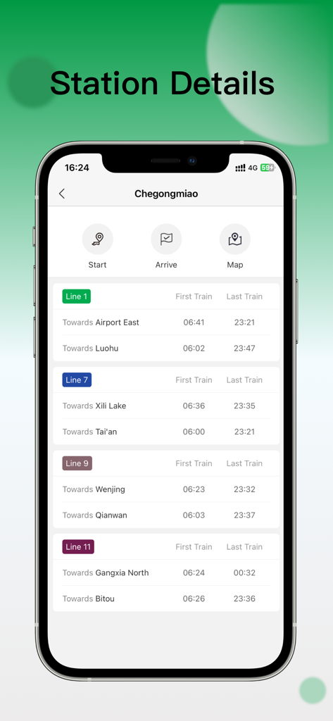 English interface of Shenzhen Metro Map app showing station details and first and last train schedules