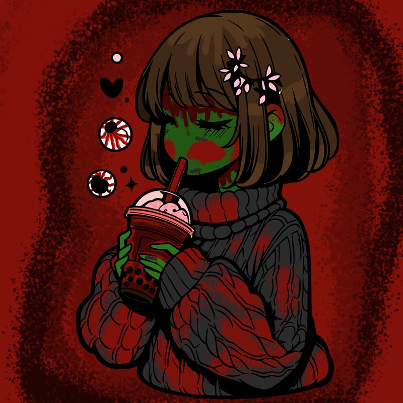 manga girl drinking boba in cozy sweater