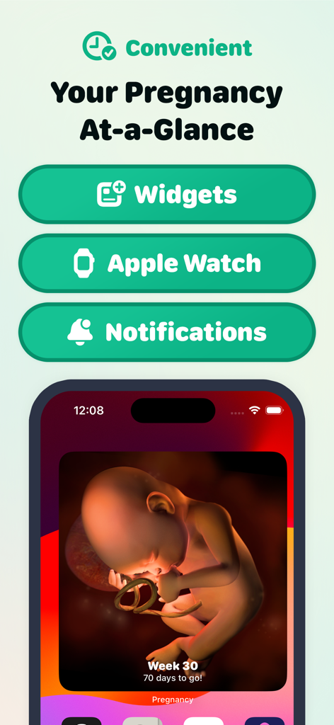 Pregnancy Tracker 3D by Sprout - Aplicativo Pregnancy Tracker by Sprout mostrando widgets, integração com Apple Watch e notificações de modelo 3D de bebê