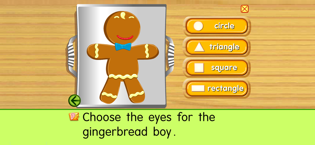 An educational game screen where children choose geometric shapes to decorate a gingerbread man.