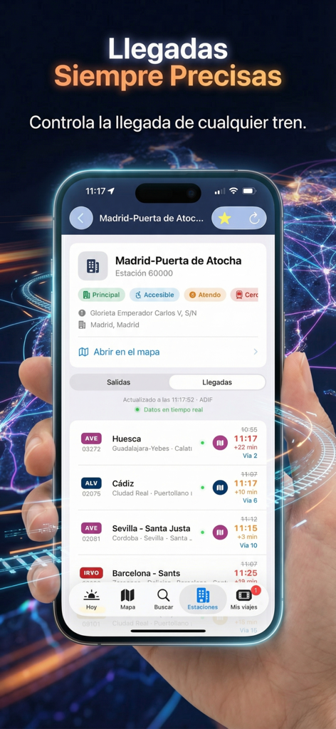 Spain Trains Live Map & Travel - Écran d'iPhone affichant les arrivées et les retards de trains en temps réel à la gare de Madrid Puerta de Atocha.