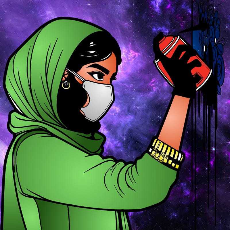 realistic girl with mask spray painting a wall