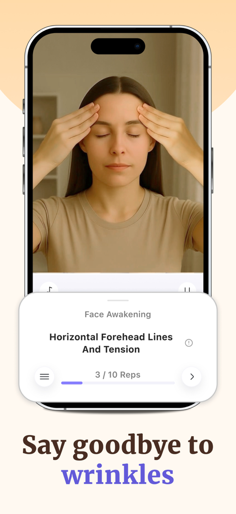 Yoga Facial Face Yoga Exercise - A woman performing a face yoga exercise to reduce horizontal forehead lines on a mobile app screen with the text Say goodbye to wrinkles.