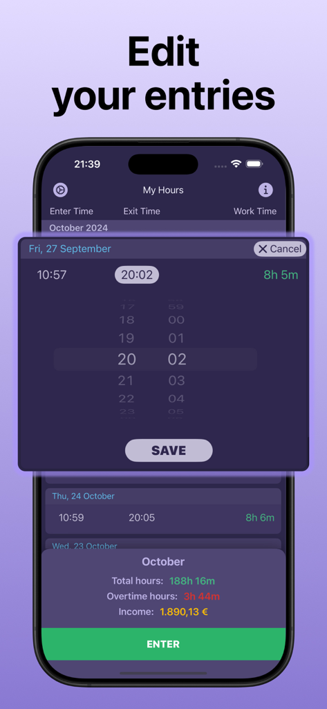 Shift Tracker: Work Hours Log - Edit work hours entry screen in the Shift Tracker app showing a time picker.