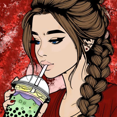 realistic girl drinking boba tea with braided hair