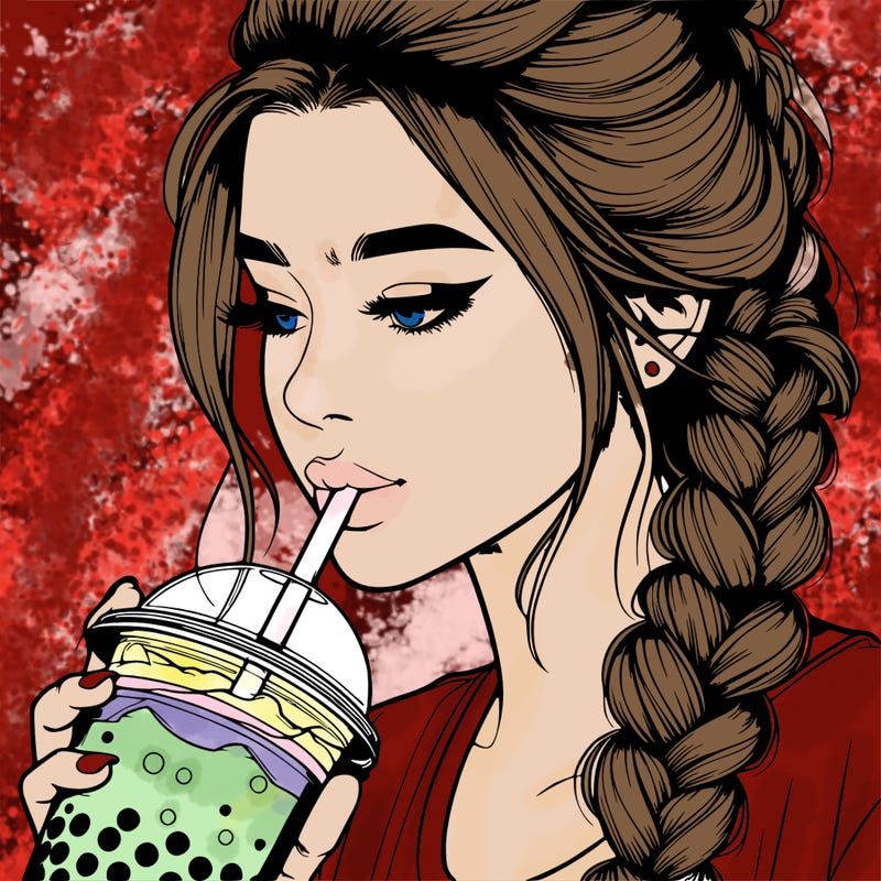 realistic girl drinking boba tea with braided hair