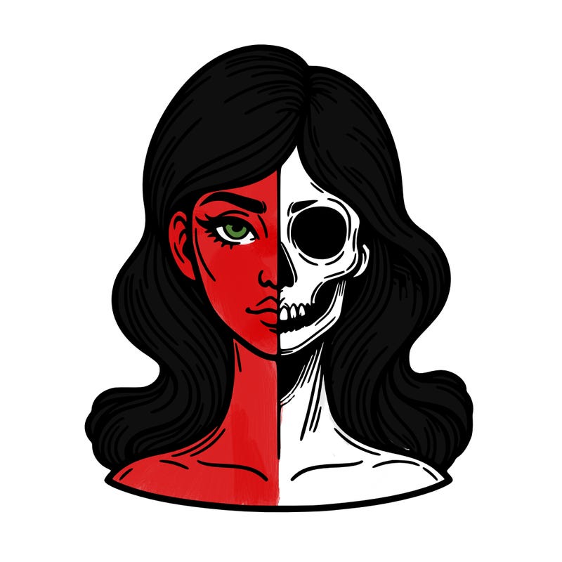 bust of a woman, half face and hair, half skull