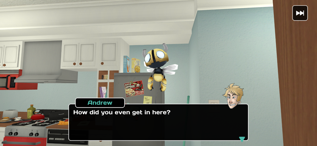 Influent Language Learning - Uma cena de diálogo entre personagens num ambiente de cozinha 3D na aplicação Influent