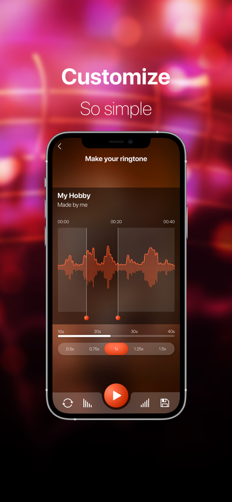 The ringtoner: funny ringtones - Interface móvel mostrando um editor de forma de onda de áudio para personalizar toques de iPhone