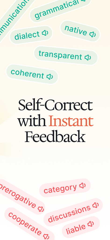 Speakerly AI app screen showing the text Self-Correct with Instant Feedback surrounded by interactive vocabulary words like transparent, coherent, and dialect with speaker icons.