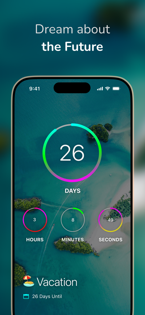 DayCount - Temporizador estético de cuenta regresiva para vacaciones que muestra días y horas en la pantalla de un iPhone.
