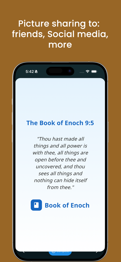 Screenshot of the Book of Enoch app showing the social media picture sharing feature for specific verses.