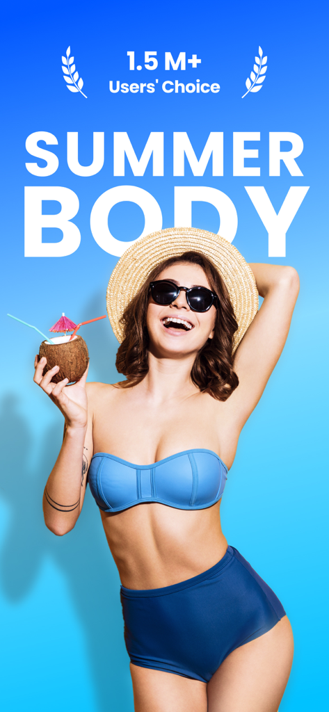 EasyFit - Female Workout - Happy woman in a blue bikini and straw hat holding a coconut drink with the text Summer Body and 1.5 million users choice