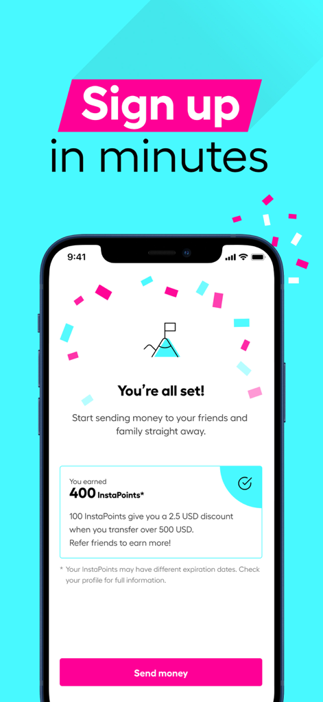 Instarem: Send money abroad - Mobiler Instarem-App-Bildschirm mit erfolgreicher Registrierungsbestätigung und verdienten InstaPoints-Prämien