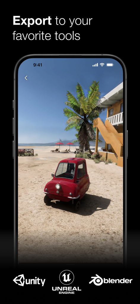 Luma 3D Capture app showing a lifelike 3D scan of a red car on a beach with export options for Unity, Unreal Engine, and Blender.