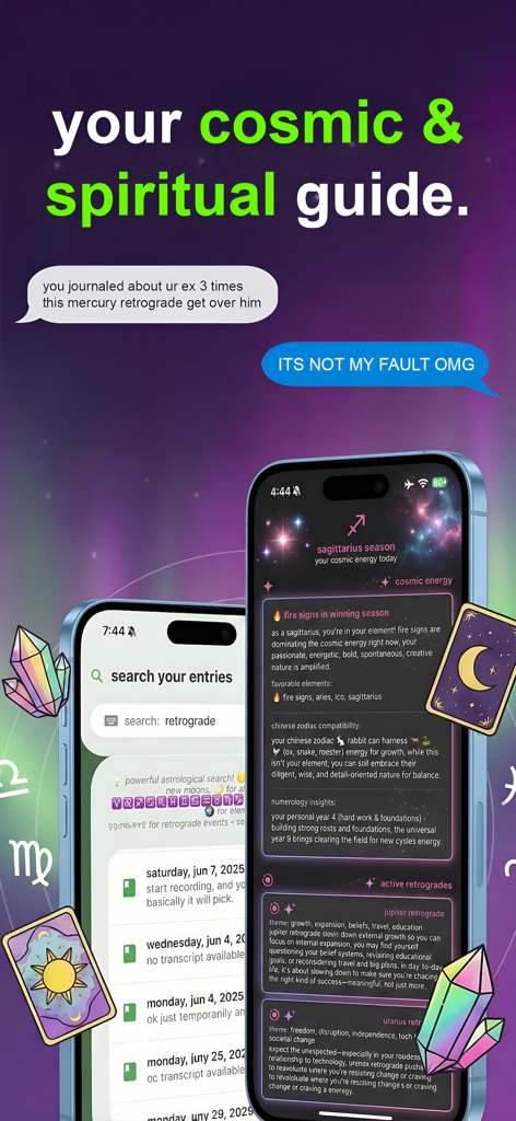 yap: dream astrology journal - A screenshot of the yap app interface showing astrological insights for Sagittarius season and a search for journal entries related to retrogrades.
