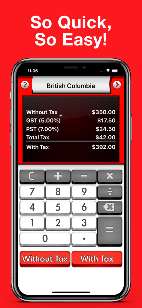 Interface do aplicativo Calculadora de Imposto sobre Vendas do Canadá mostrando cálculo de GST e PST para a Colúmbia Britânica