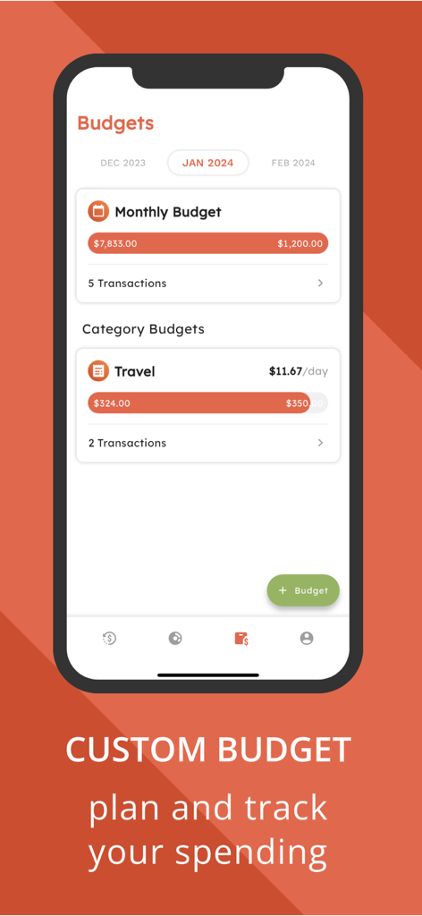 Interfaz de la aplicación myMoney Finance que muestra el presupuesto mensual y el seguimiento de la categoría de viajes para enero de 2024