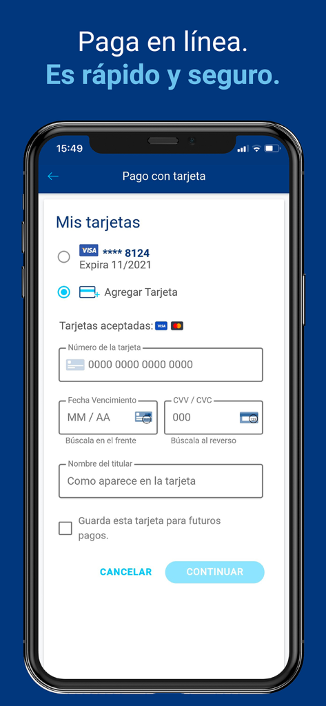 Interfaz de la app Mi Tigo Colombia mostrando el formulario de pago con tarjeta de crédito para pagar facturas en línea.