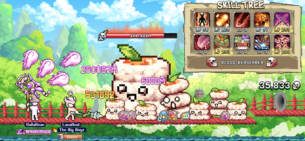 Kampfszene in IdleOn RPG mit einem Menü für den Skill-Baum des Blut-Berserkers