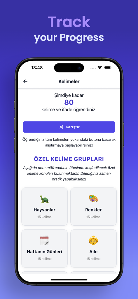 Learn English by FluenTech - Pantalla de la aplicación Learn English by FluenTech que muestra el progreso del aprendizaje de vocabulario y categorías de palabras