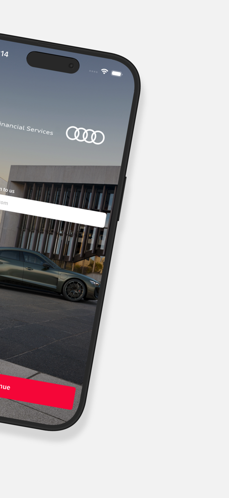 Tela de login do aplicativo Audi Private Lease com um carro de luxo e o logotipo da marca