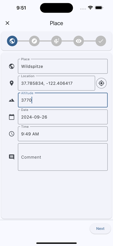 Nivocheck 1.0 - Nivocheck app screen for entering location altitude and date for avalanche risk assessment