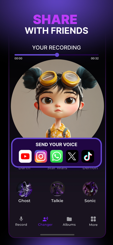 Scream Voice Changer－GhostFace - Mobile app interface showing social media sharing options for voice recordings with horror filters