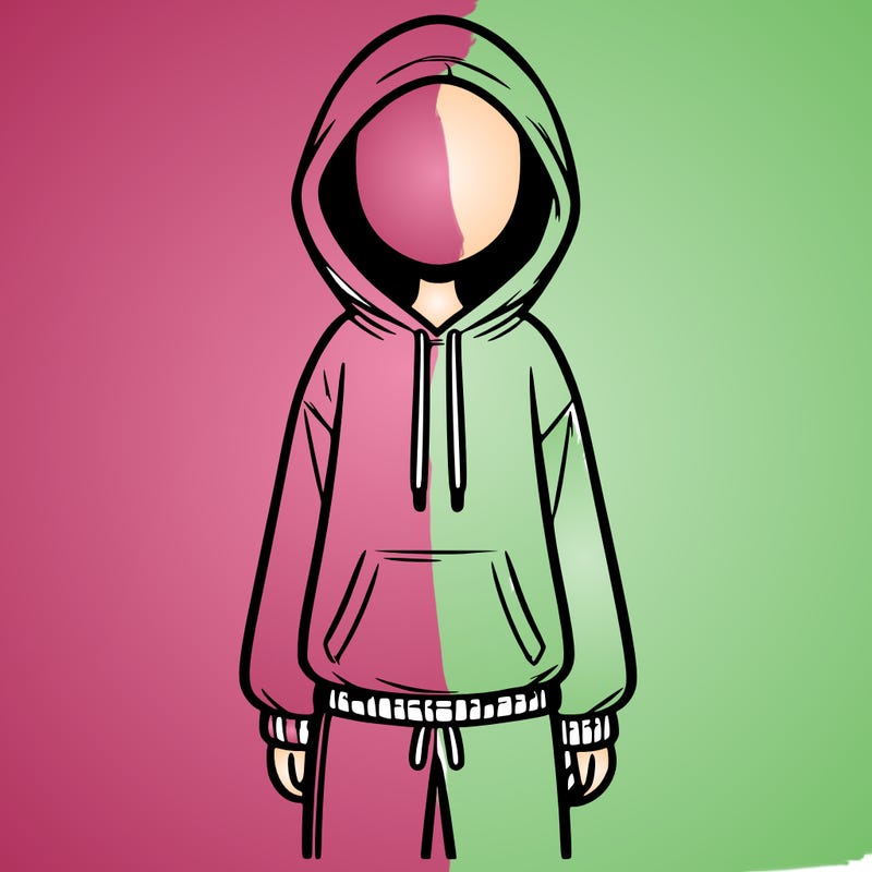 faceless girl in a tracksuit with a hood on and no hair