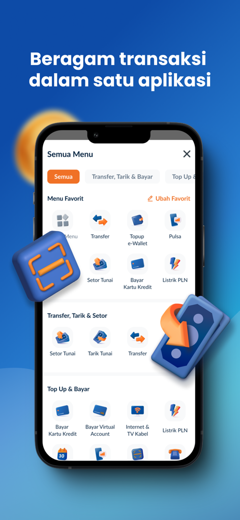 Raya Digital Bankモバイルアプリのインターフェース。送金や請求書払いなどの多様な取引オプションを表示しています。