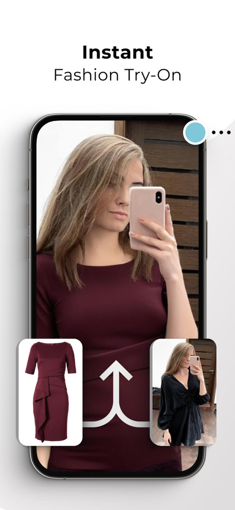 AI Clothes Try-On: DressTry - Pantalla de la aplicación móvil que muestra una función de prueba de moda instantánea con una mujer vistiendo virtualmente un vestido burdeos