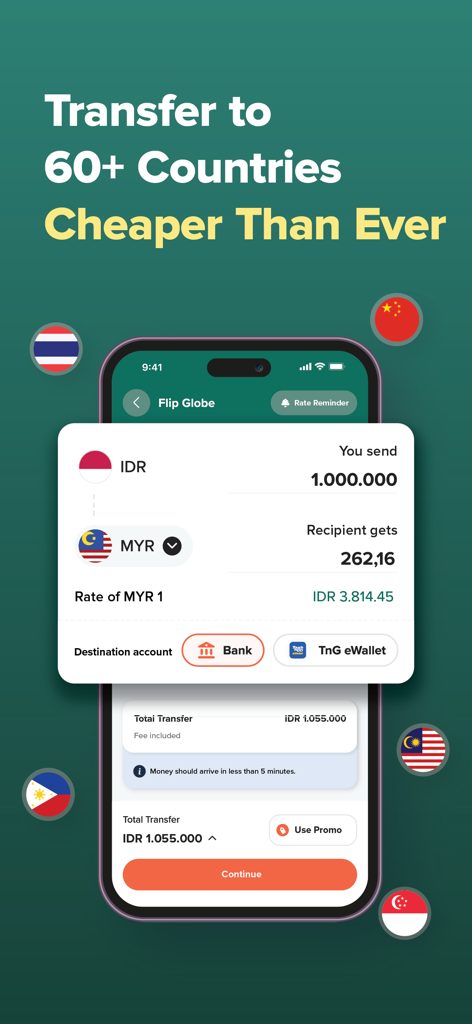 Schermata dell'app Flip che mostra il trasferimento di denaro internazionale dall'Indonesia alla Malesia