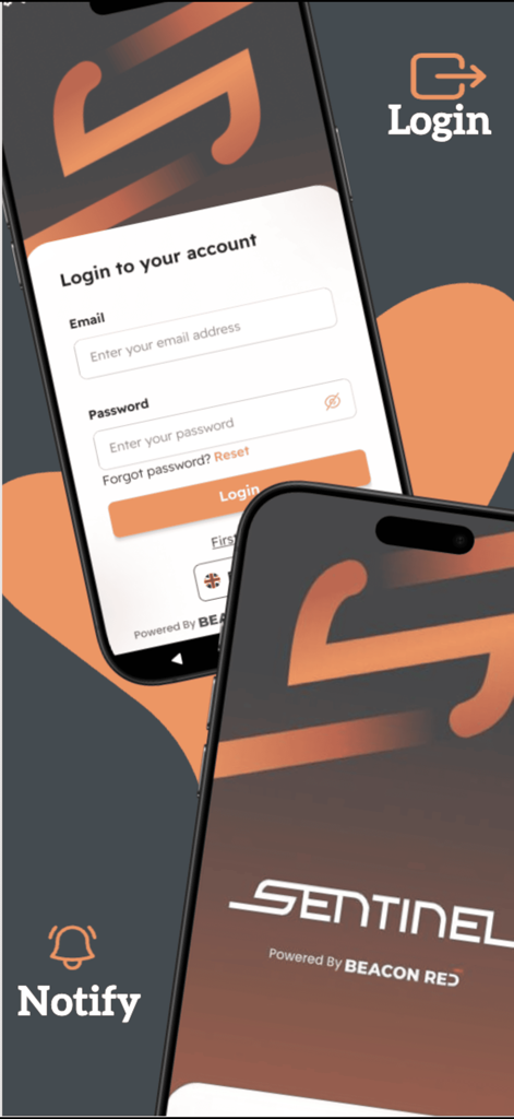 Sentinel Report - Pantalla de inicio de sesión y página de inicio de la aplicación móvil agregadora de noticias Sentinel Report