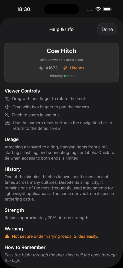 Maritime Master - Knots - Información detallada sobre el nudo de nudo de vaca (Cow Hitch) que incluye historial de uso y advertencias de seguridad
