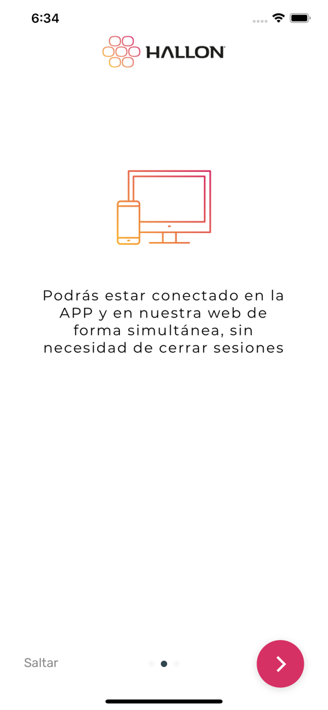 Pantalla de incorporación de la aplicación Hallon explicando la conexión simultánea entre plataformas móviles y web