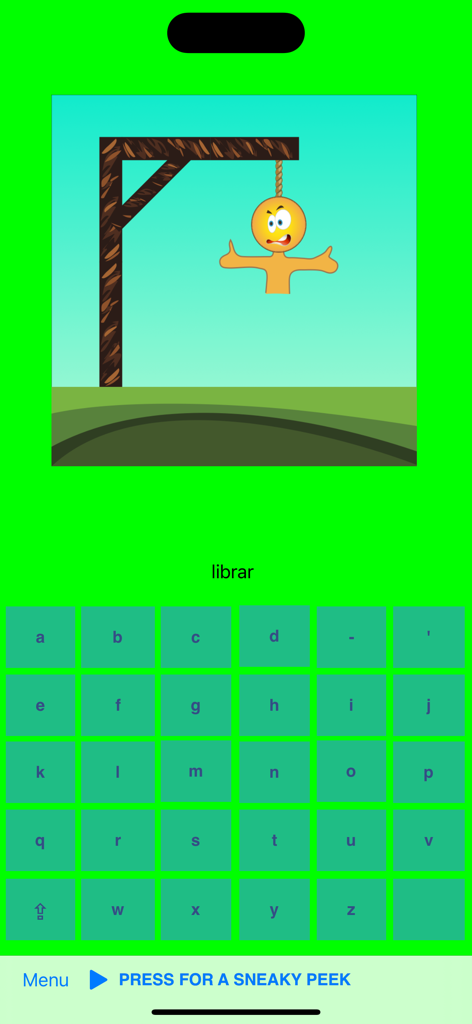 Spelling Hangman - Spelling Hangman app gameplay screen showing a word puzzle and a cartoon character on a gallows.
