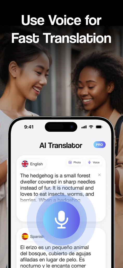 AI Language Translator Pro - Interfaz de la aplicación Traductor de Idiomas AI Pro que muestra traducción de voz de inglés a español