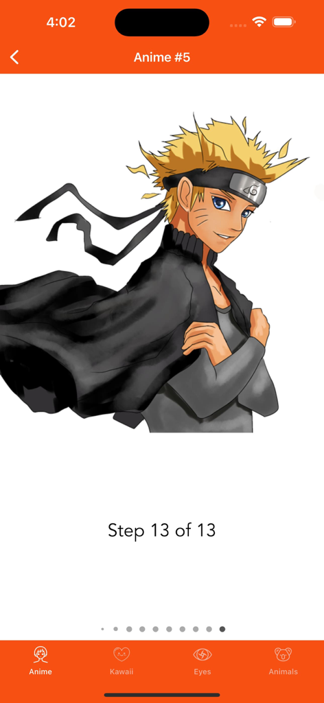 Paso 13 completado de un tutorial de personaje ninja en la aplicación móvil Cómo Dibujar Anime