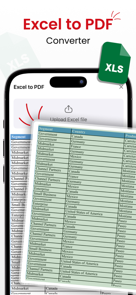 Smartphone che visualizza la funzionalità di conversione da Excel a PDF con una tabella di dati di foglio di calcolo