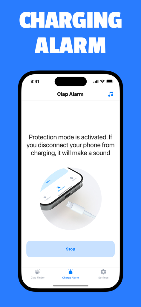 Interfaz de la función de alarma de carga en la aplicación Find my phone