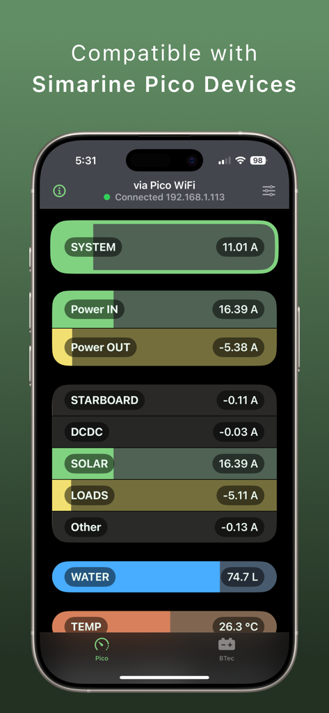 Battery Monitor - Interface de l'application Moniteur de Batterie montrant les métriques en temps réel pour les appareils Simarine Pico, y compris la puissance solaire, les niveaux d'eau et la température