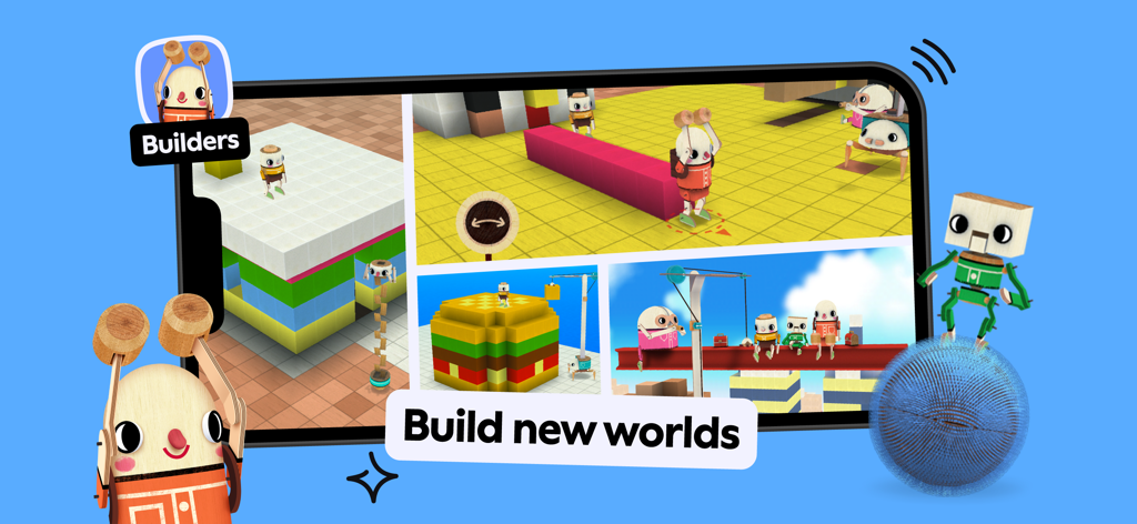 Toca Boca Jr - Gameplay do Toca Boca Builders mostrando personagens fofos e mundos coloridos de blocos