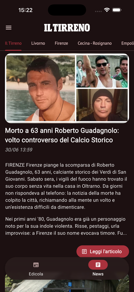 Il Tirreno - L'app Il Tirreno mostra un articolo di cronaca locale su Firenze