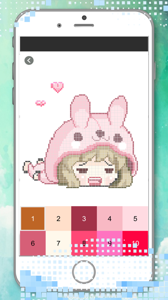 Color Pixel: Drawing By Number - A pixel art character in a pink bunny hoodie being colored by numbers