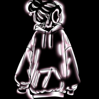 realistic girl with a oversized sweatshirt on and a bun