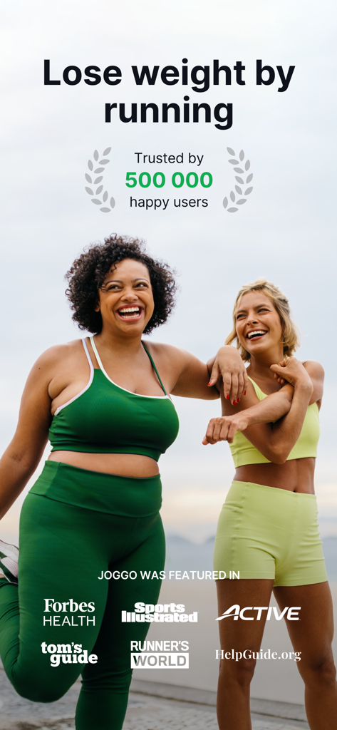 Joggo - Run Tracker & Coach - Two smiling women in athletic wear stretching outdoors with the headline Lose weight by running