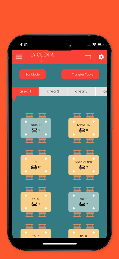 La Cuenta TPV mobile app interface showing a restaurant digital table layout and seating management system.