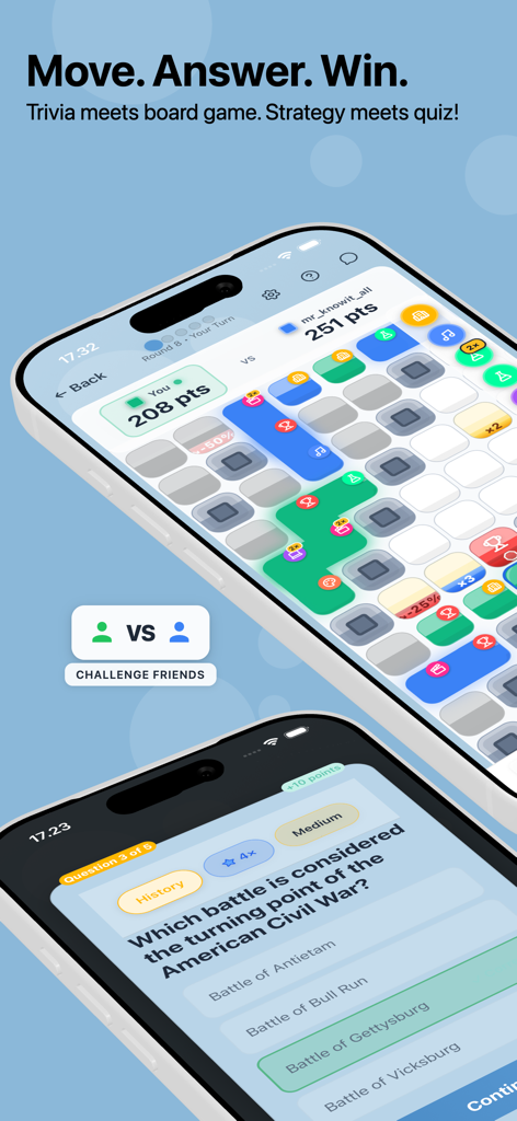 Gameplay di Trivia Duel che mostra la scacchiera strategica e una domanda di quiz di storia su due telefoni cellulari.