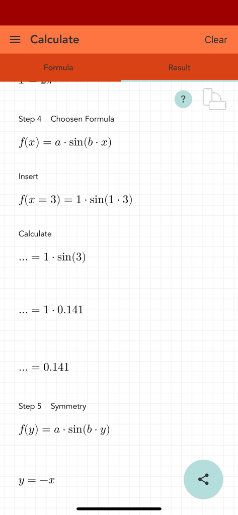 Sine Cosine Tangent PRO - A step-by-step trigonometry calculation for a sine function showing formulas and numerical results on a grid background.