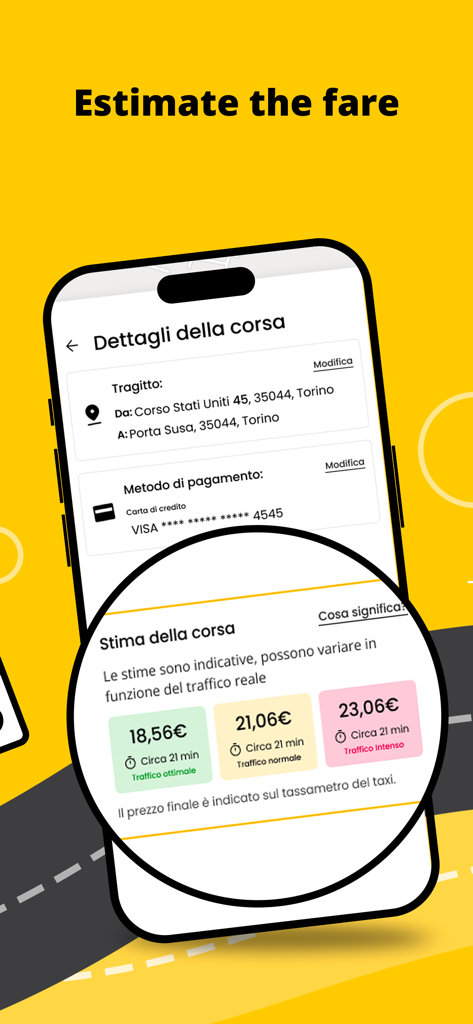 appTaxi - Book and Pay Taxis - Mobile App-Oberfläche mit geschätzten Taxipreisen in Euro basierend auf optimalen, normalen und starken Verkehrsbedingungen für eine Fahrt in Italien.